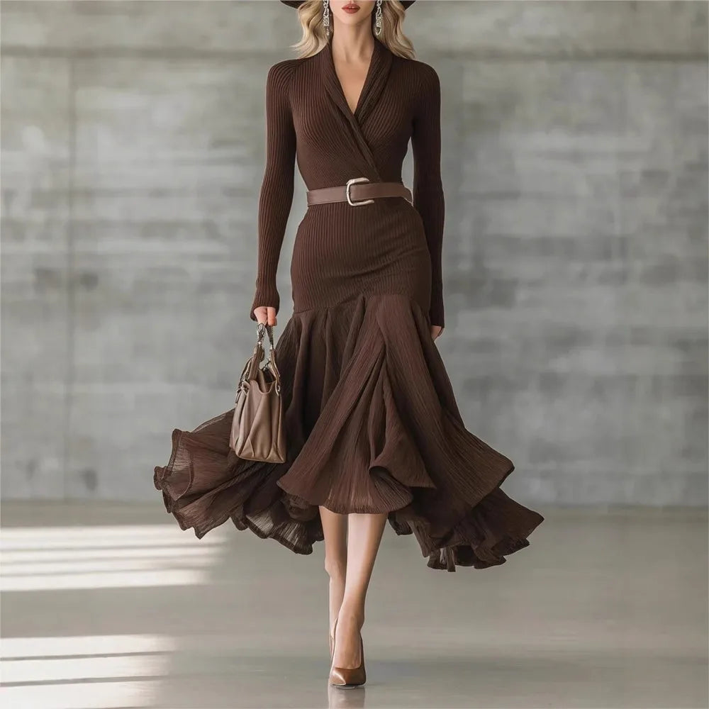 Autumn Brown Long-sleeved V Neck Dress For Women'S Fashion Fitted With Large Swing Elegant Female Belt Tied Dresses 2025