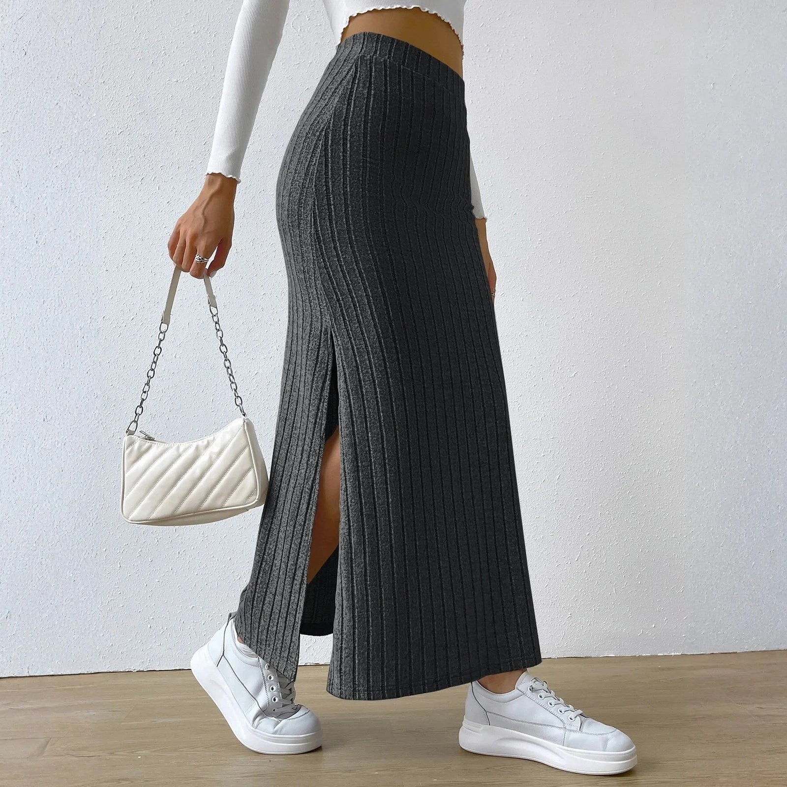 Solid Color Knitted Thick High Waist Slit Skirt