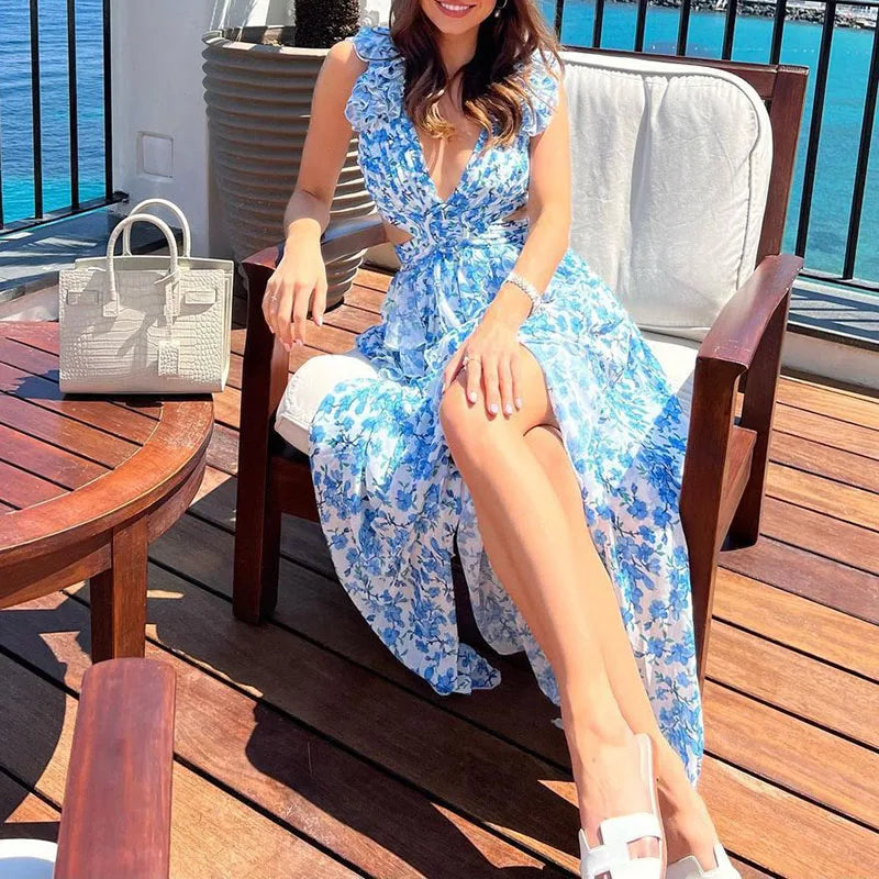 Floral Shoulder Deep V-neck Long Dress