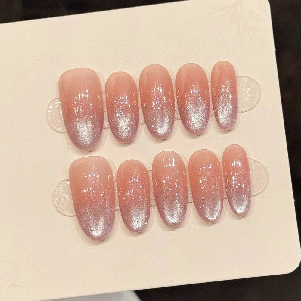 Handmade Luxury Nails Set Press on Nude Gradient Medium-length Cat Eye Reusable Adhesive False Nails Full Cover Nail Tips