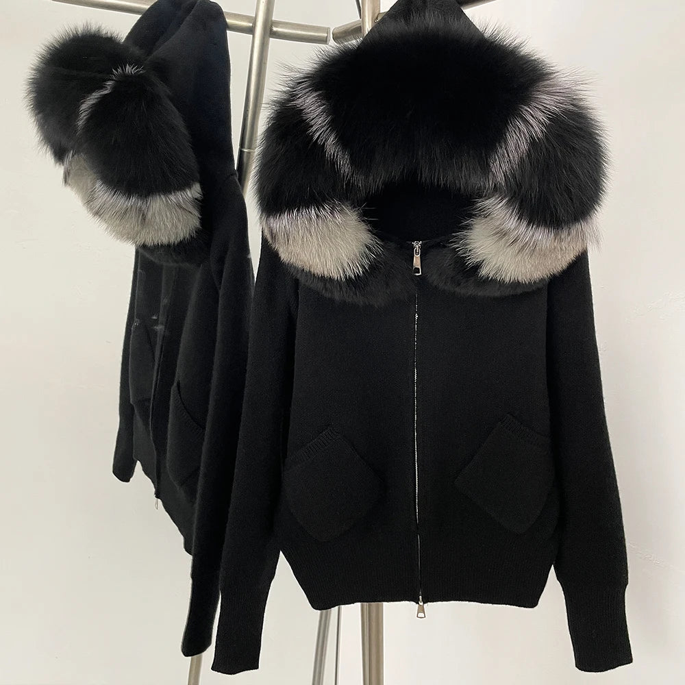 Hooded Big Real Fox Fur Collar Fashion Clothes Cardigan Autumn Winter Female Fashion Short Knitted Jacket Women Natural Fur Coat