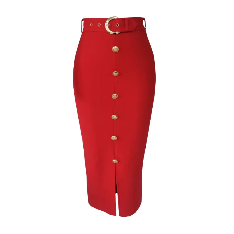 Button Split Bandage Midi Skirt