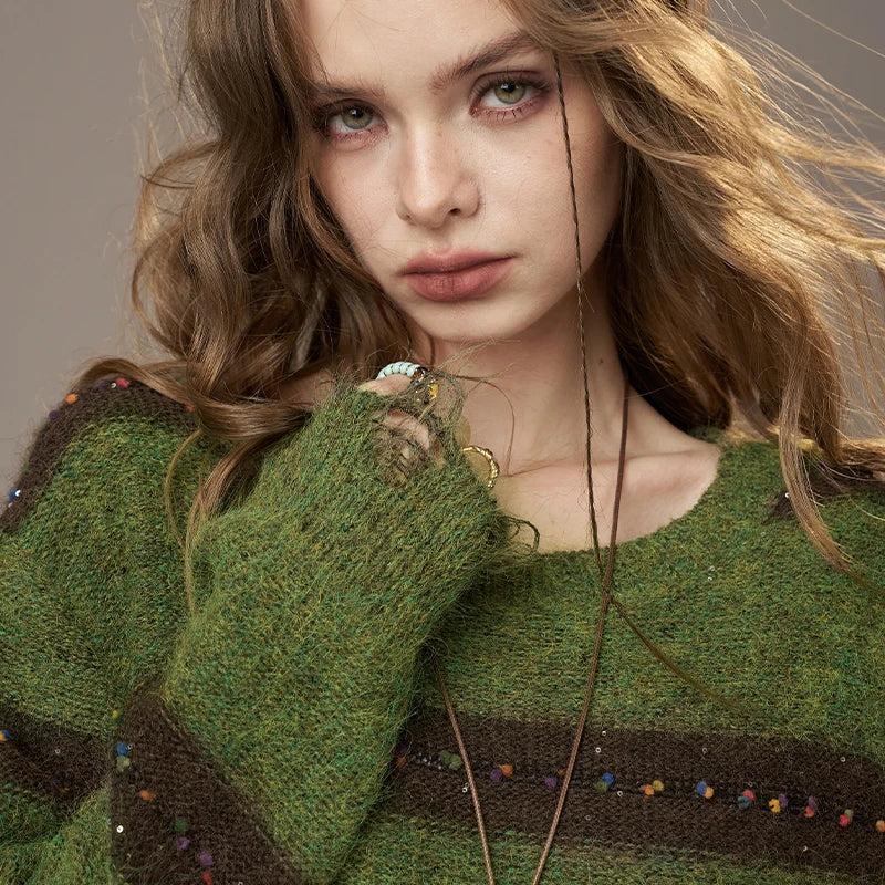 2025 Autumn New Arrivals Cute Casual Knit Color Accent V Neck Loose Cardigan Sweater For Woman