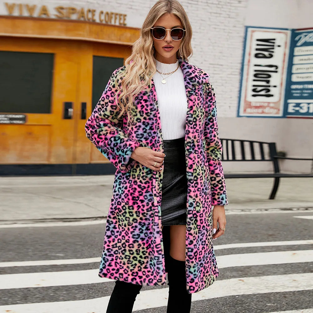 Autumn Winter Fur Coat Women Fashion Casual Square Collar Imitation Leopard Faux Fur Coat Plush Long Coat Winter Jacket
