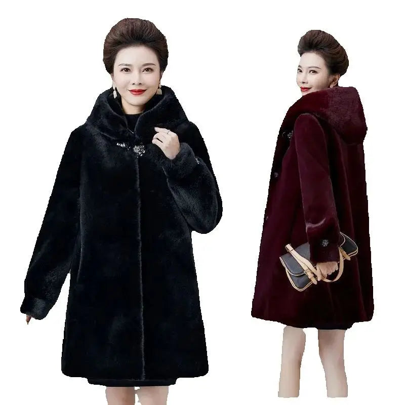 2024 New Mink Coat Female Mid-Elderly Mother Whole Mink Fur Mid-Long Parka Mother's Mink Velvet Coat Imitation Fur Coat Hooded