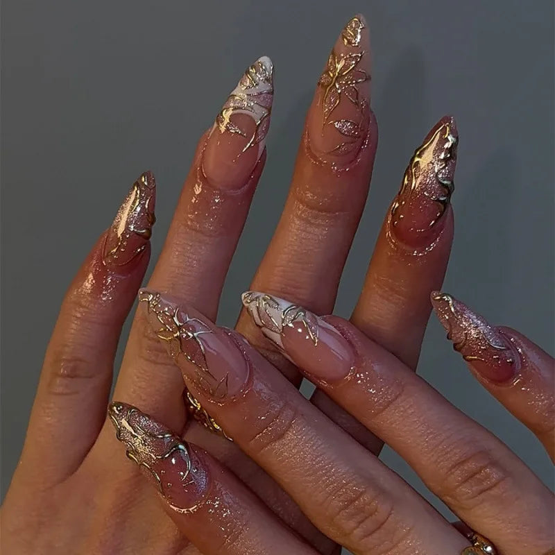 24PCS Luxury Golden Flower Irregular Lines Almond False Nails