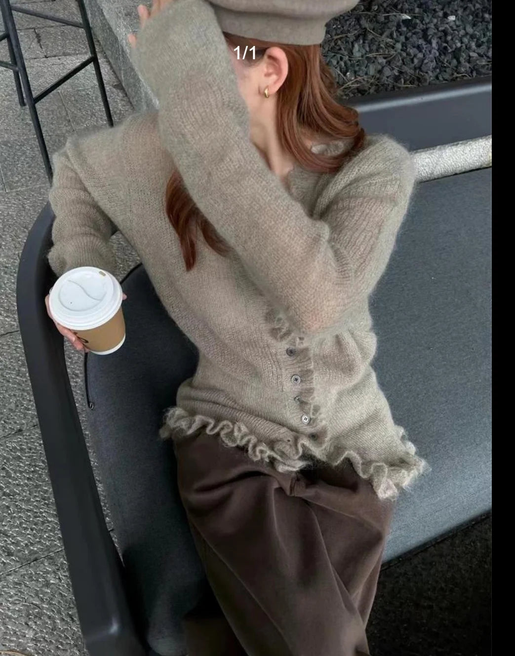 V-Neck Cinched Ruffle Edge Cardigan