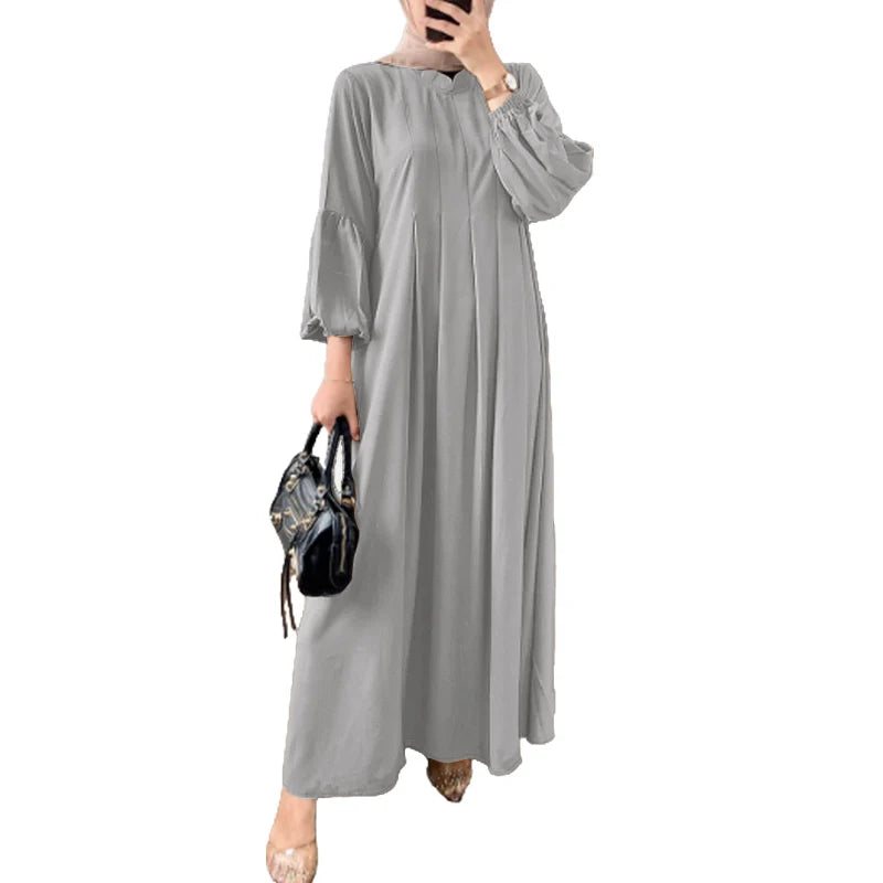 Elegant Long Sleeve Pleated Sundress Muslim Abaya