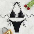 Patchwork Bowknot Triangle Lace Up Micro Bikini