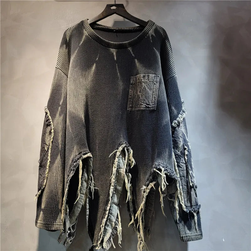 Irregular Patchwork Denim Tassel Colorful Tie-dye Knitted Pullover