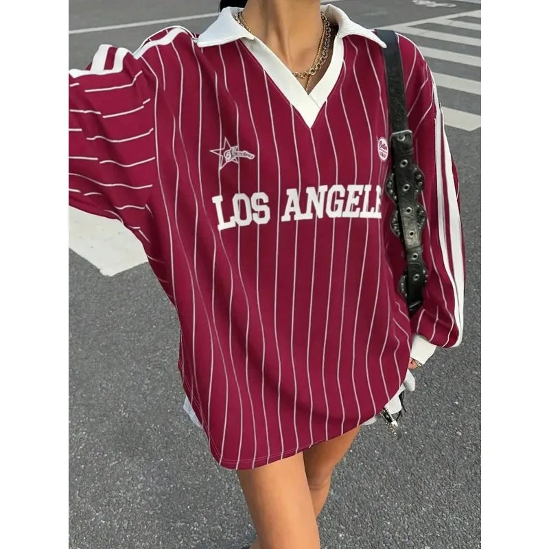 Casual Striped Letter & Number Print Athletic Polo