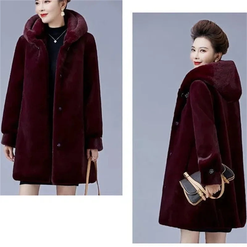 2024 New Mink Coat Female Mid-Elderly Mother Whole Mink Fur Mid-Long Parka Mother's Mink Velvet Coat Imitation Fur Coat Hooded