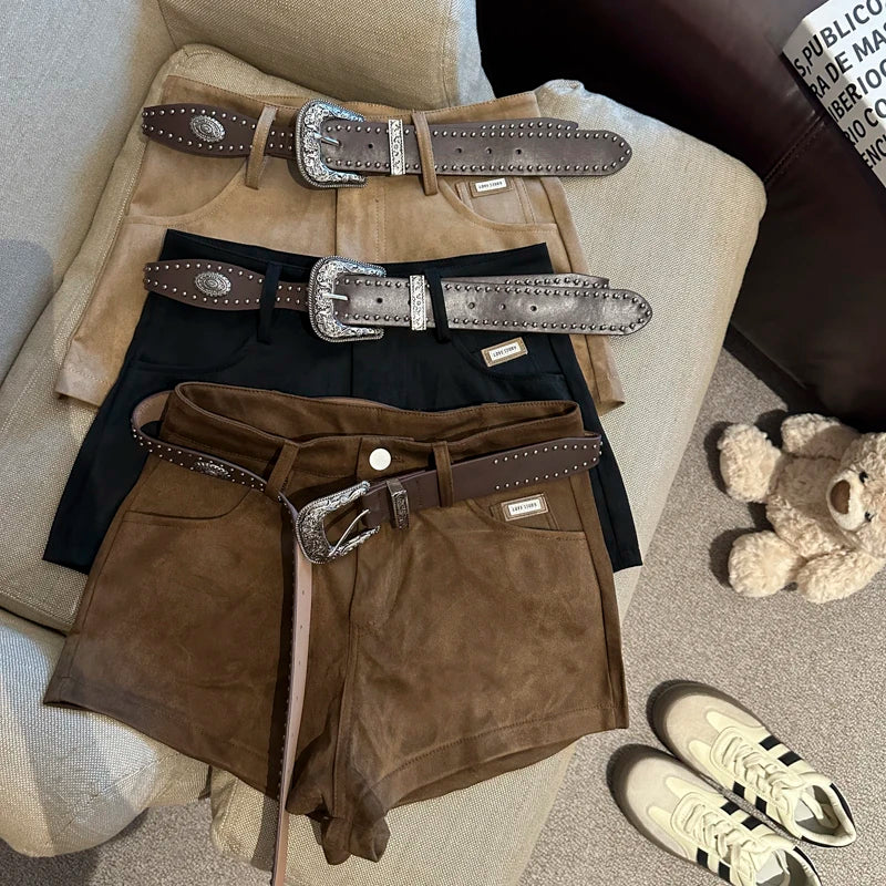High Waist A Line Wide Leg Suede Shorts With Belt