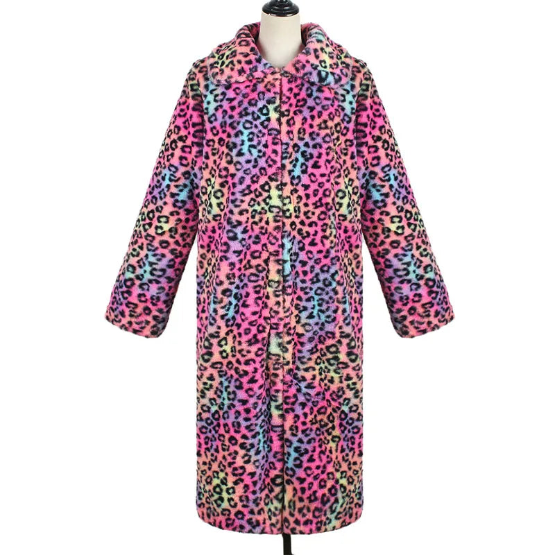 Autumn Winter Fur Coat Women Fashion Casual Square Collar Imitation Leopard Faux Fur Coat Plush Long Coat Winter Jacket