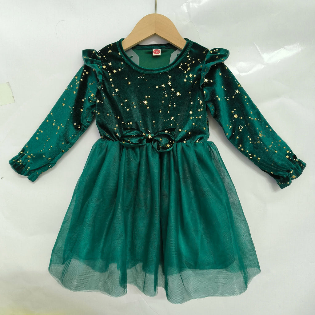 Velvet Long Sleeved Mesh Bow Princess Dress