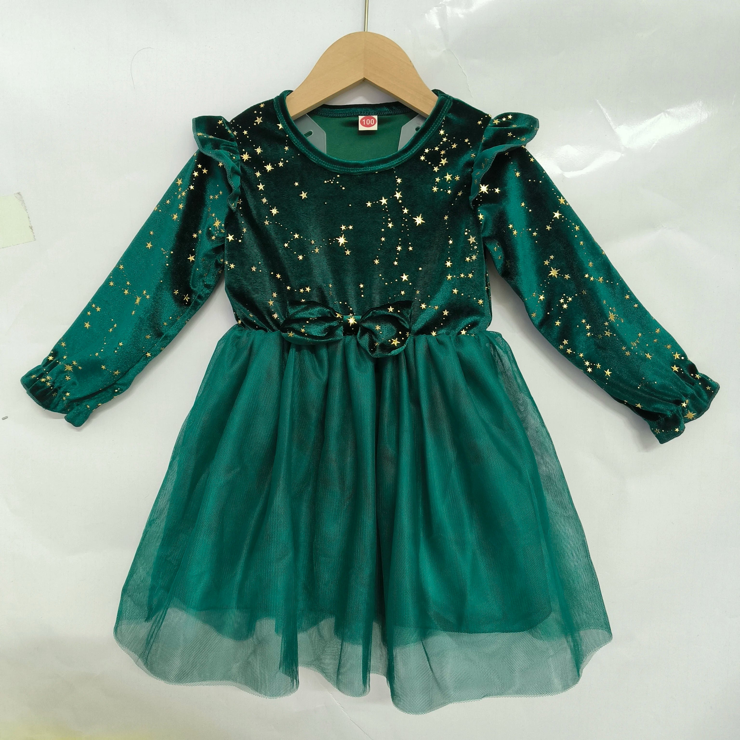 Velvet Long Sleeved Mesh Bow Princess Dress