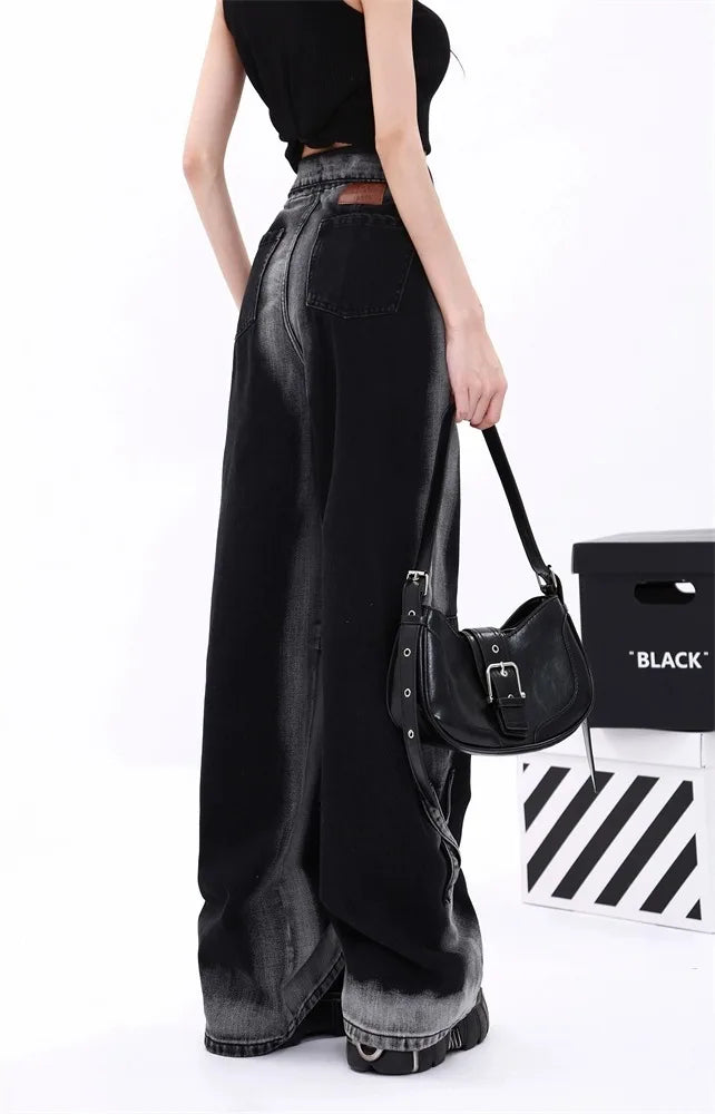 High Waist Gradient Color Block Denim Pants