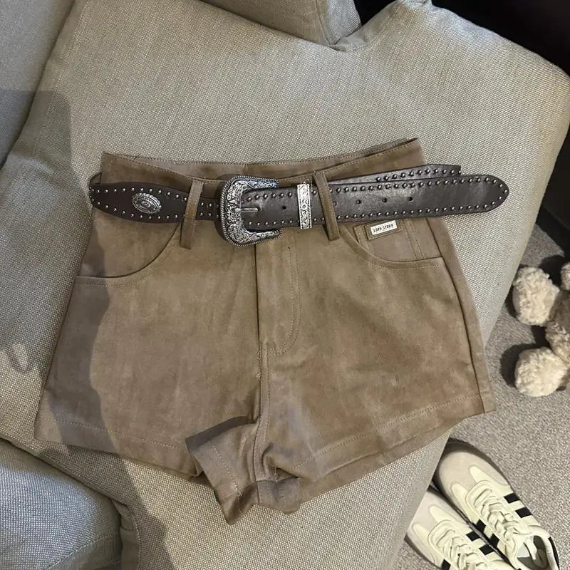 High Waist A Line Wide Leg Suede Shorts With Belt