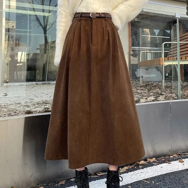 Vintage Belt Corduroy Midi Skirt