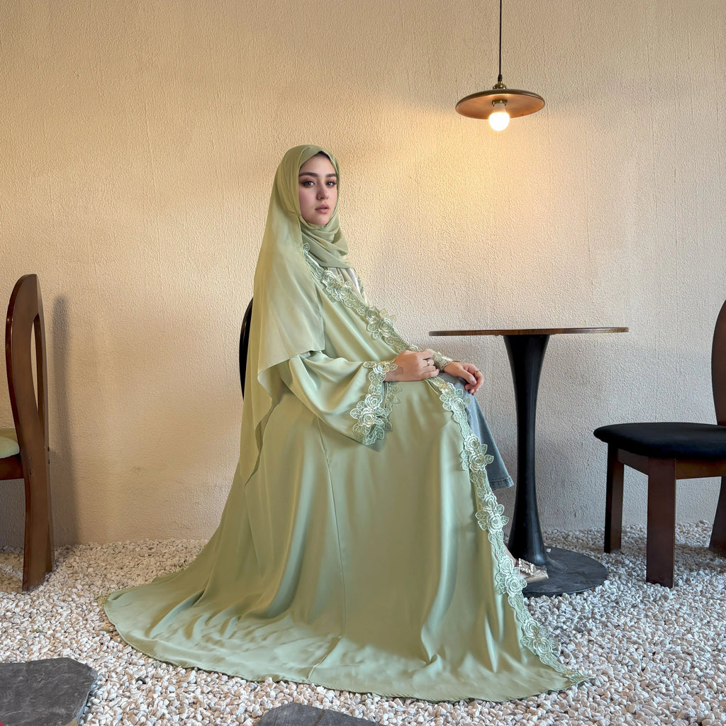 Soft Sage Green Abaya Set with 3D Lace Rose Embroidery