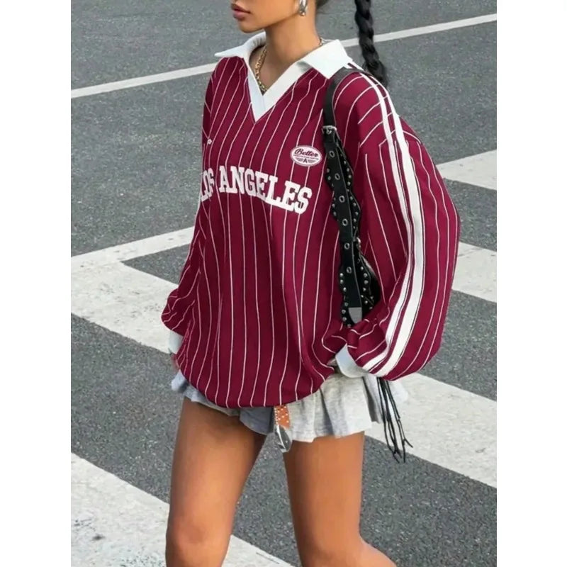 Casual Striped Letter & Number Print Athletic Polo