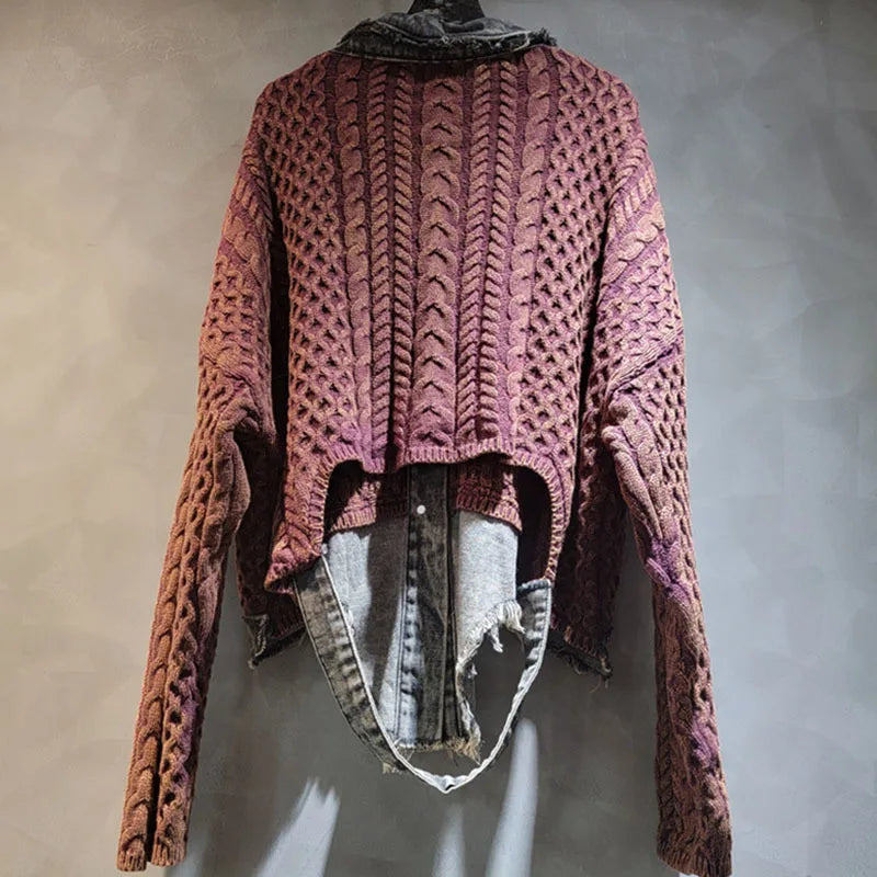 Solid Color Knitted Loose Denim Patchwork Sweater