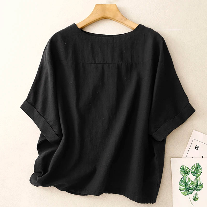 Linen Round Neck Short-Sleeved Shirt