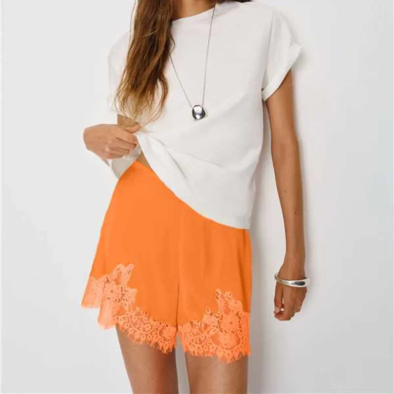 Lace Patchwork Satin Shorts