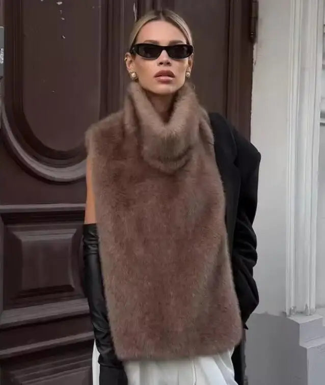 2025 New Autumn Winter Turtleneck Eco Faux Mink Fur Tank Tops Sleeveless Jacket Coat Faux Fur Sable Vest Crop Top