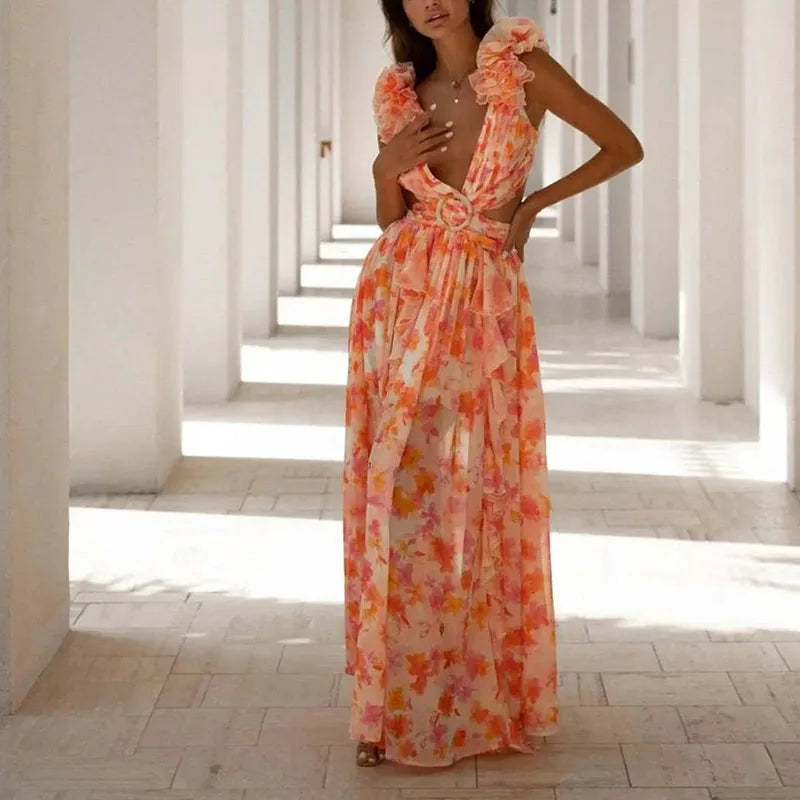 Floral Shoulder Deep V-neck Long Dress