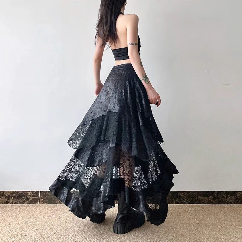 Victorian Edge Asymmetric Tiered High Waist Lace Sheer Skirt