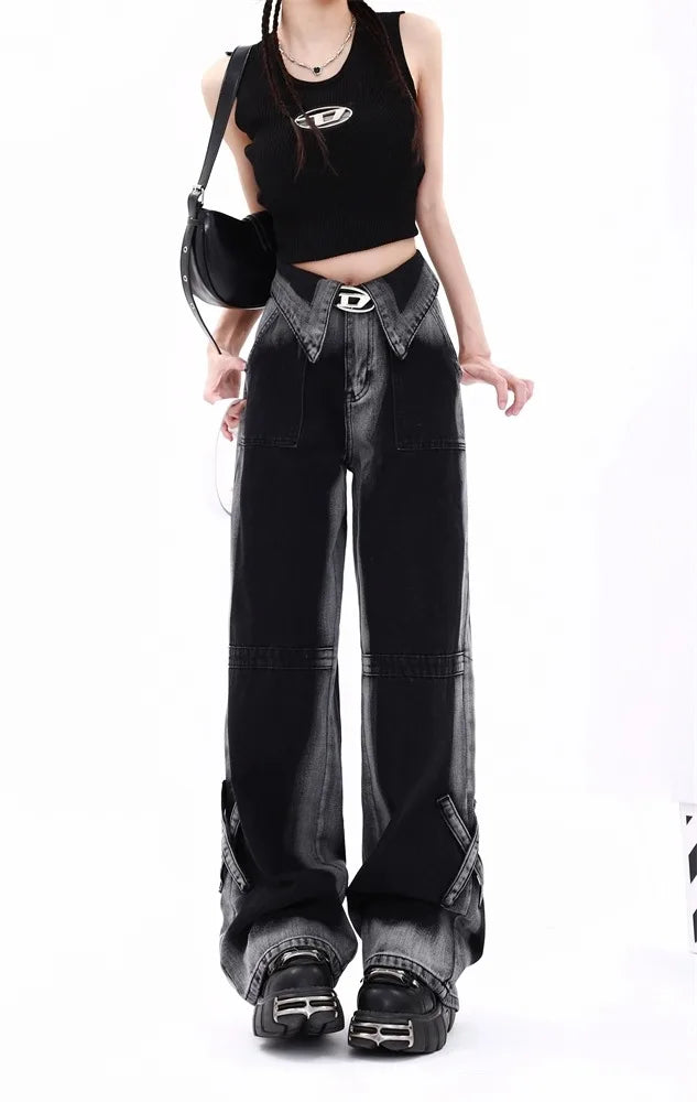 High Waist Gradient Color Block Denim Pants