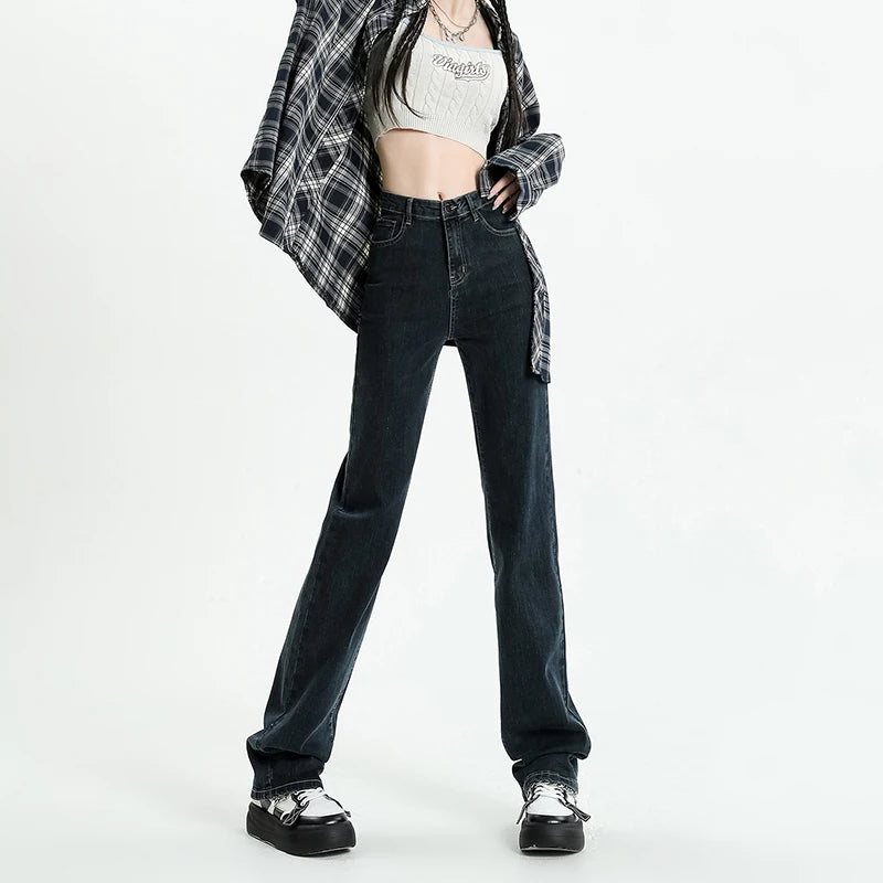 Autumn New Women's Stretch Jeans High Waist Slim Straight Vintage Washed Denim Pants Fashion Korean Street Y2K Female Clothing