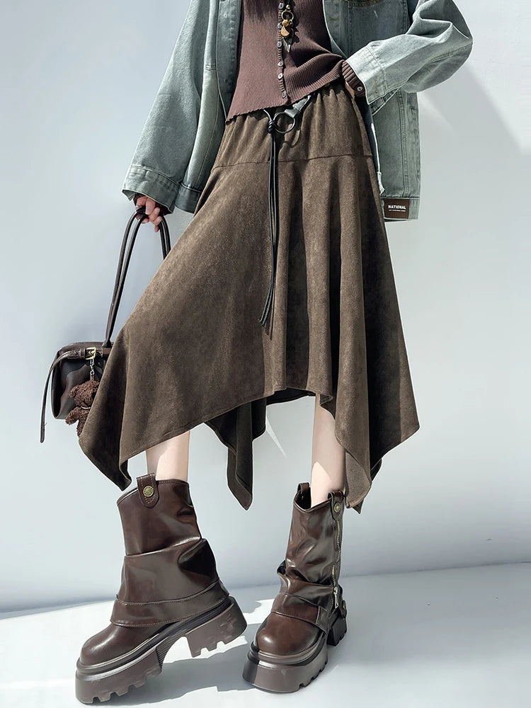 High Waist Vintage Belt Faux Suede Fabric Skirt