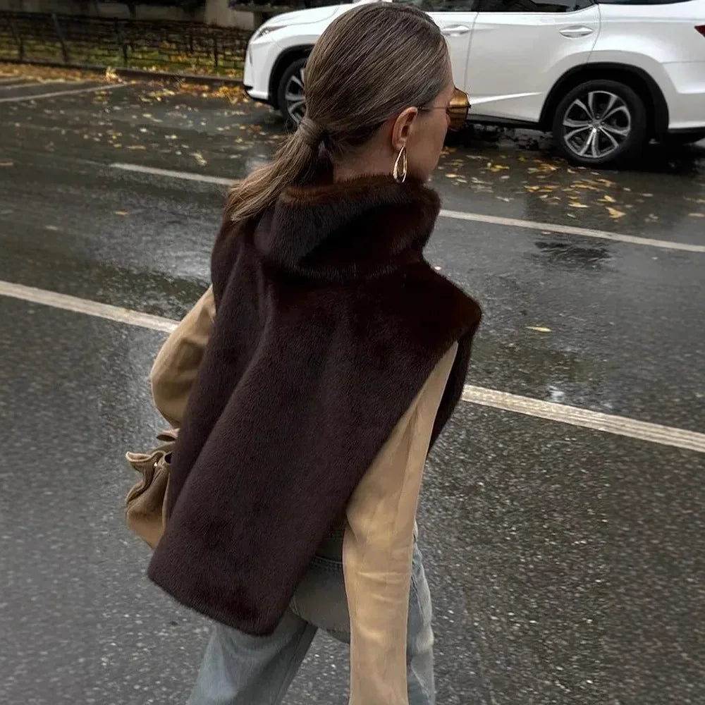 2025 New Autumn Winter Turtleneck Eco Faux Mink Fur Tank Tops Sleeveless Jacket Coat Faux Fur Sable Vest Crop Top