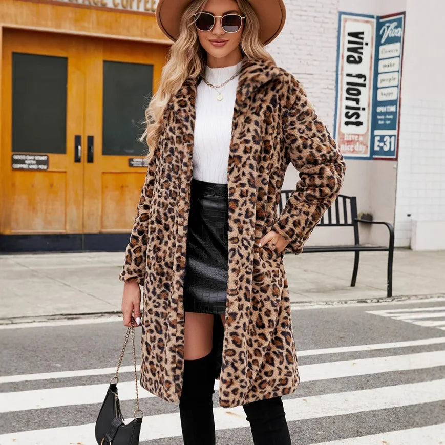 Autumn Winter Fur Coat Women Fashion Casual Square Collar Imitation Leopard Faux Fur Coat Plush Long Coat Winter Jacket