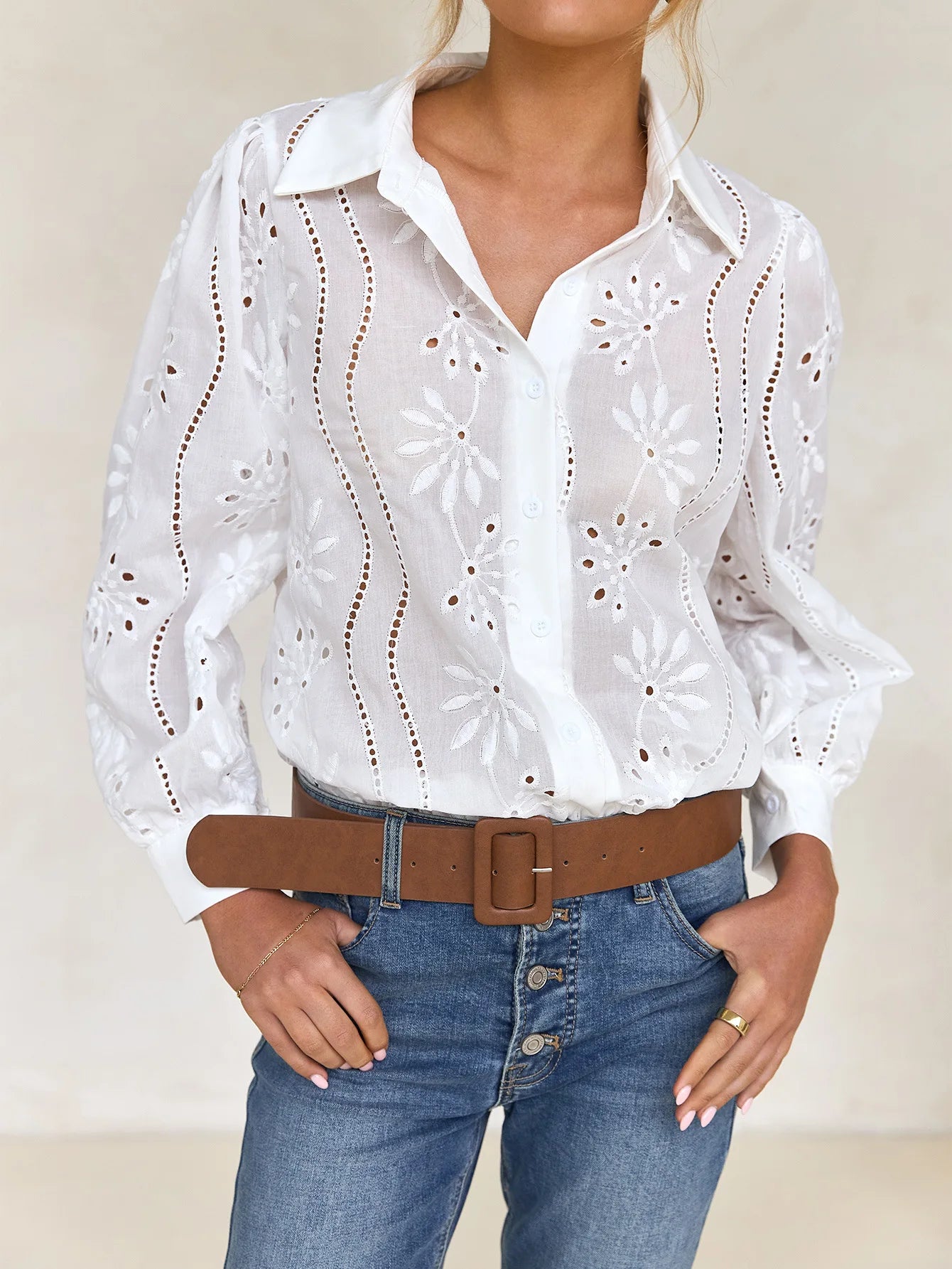 2025 Autumn New Solid Shirt Casual Loose Fashion Hollow Puff Sleeve Cardigan Tops For Women Office Black Hollow out Blouses