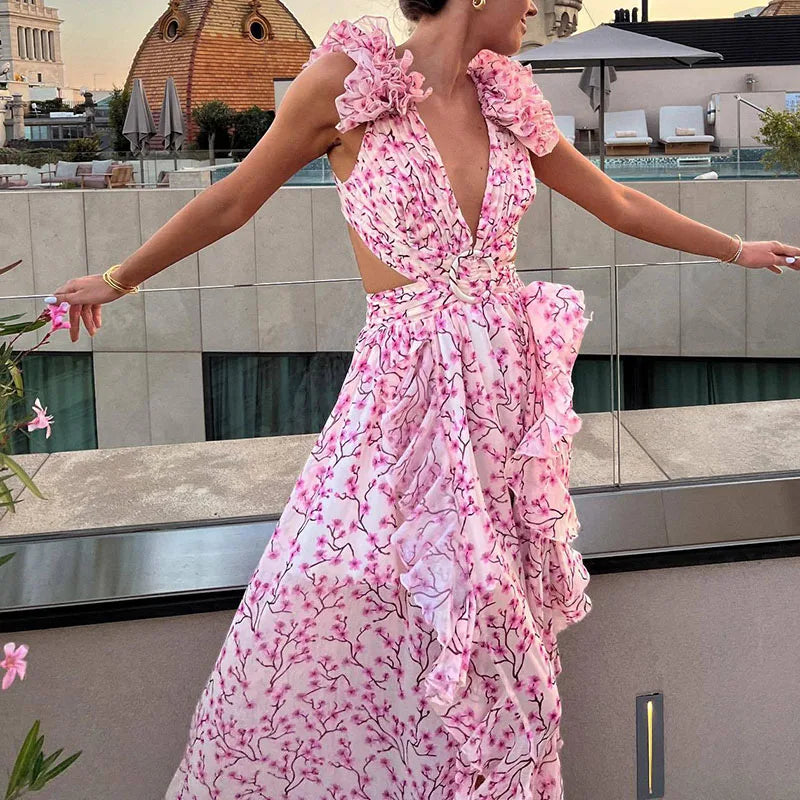 Floral Shoulder Deep V-neck Long Dress