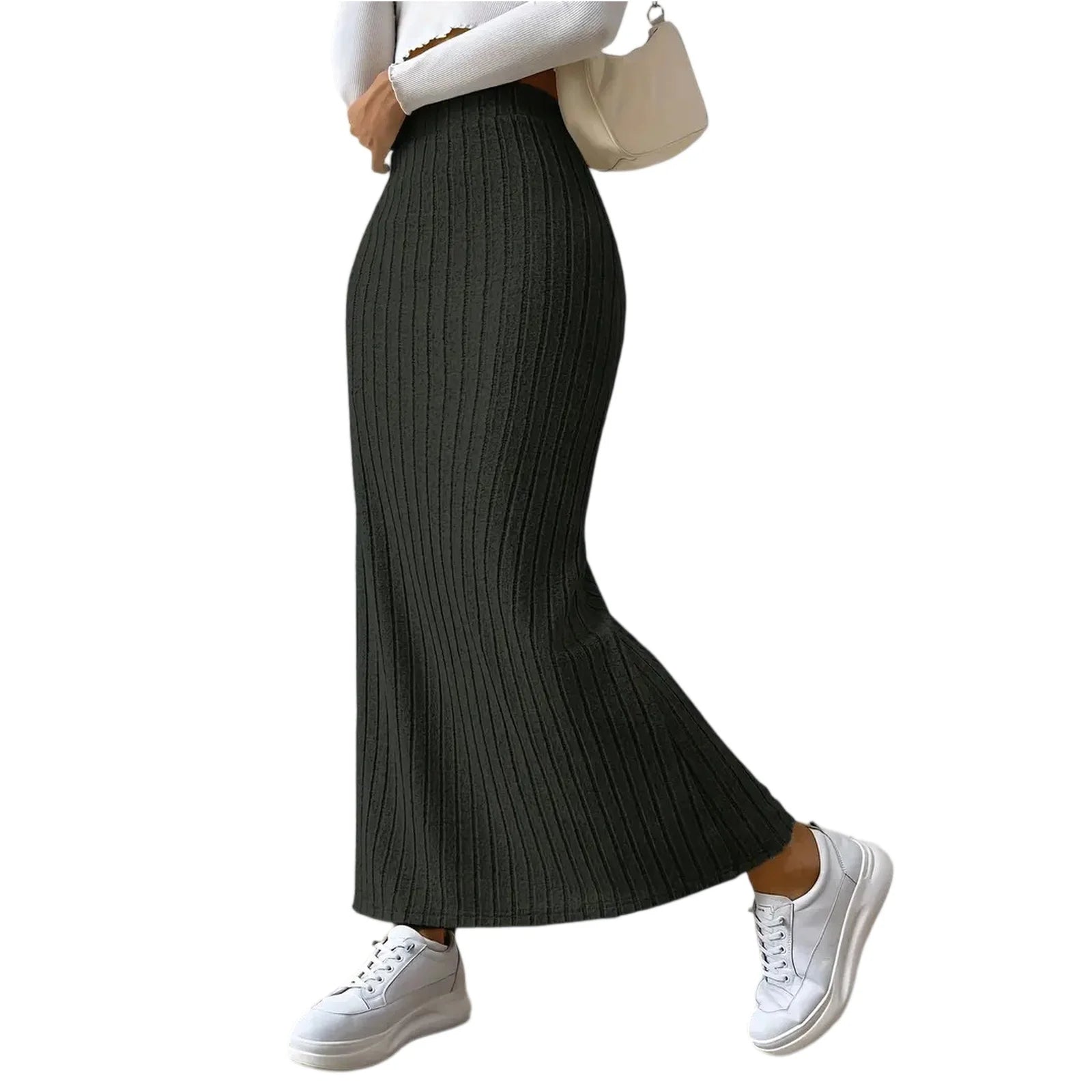 Solid Color Knitted Thick High Waist Slit Skirt