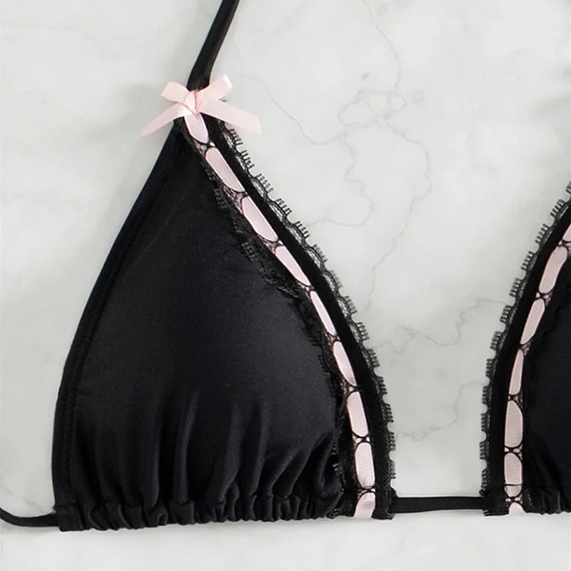 Patchwork Bowknot Triangle Lace Up Micro Bikini