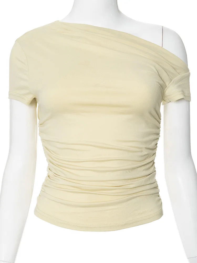 Solid Color High Elasticity Fabric Slash Shoulder Short Sleeve Pleated Navel Reveal Top