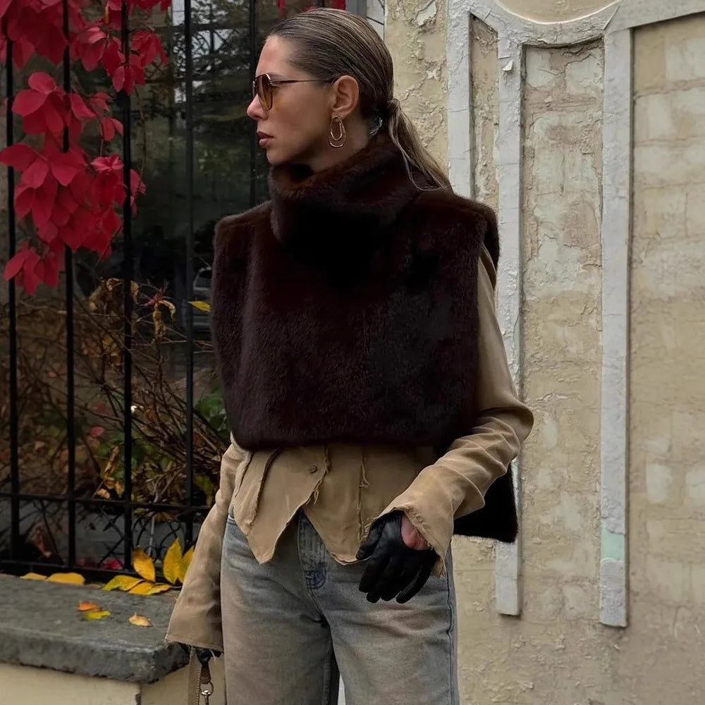 2025 New Autumn Winter Turtleneck Eco Faux Mink Fur Tank Tops Sleeveless Jacket Coat Faux Fur Sable Vest Crop Top