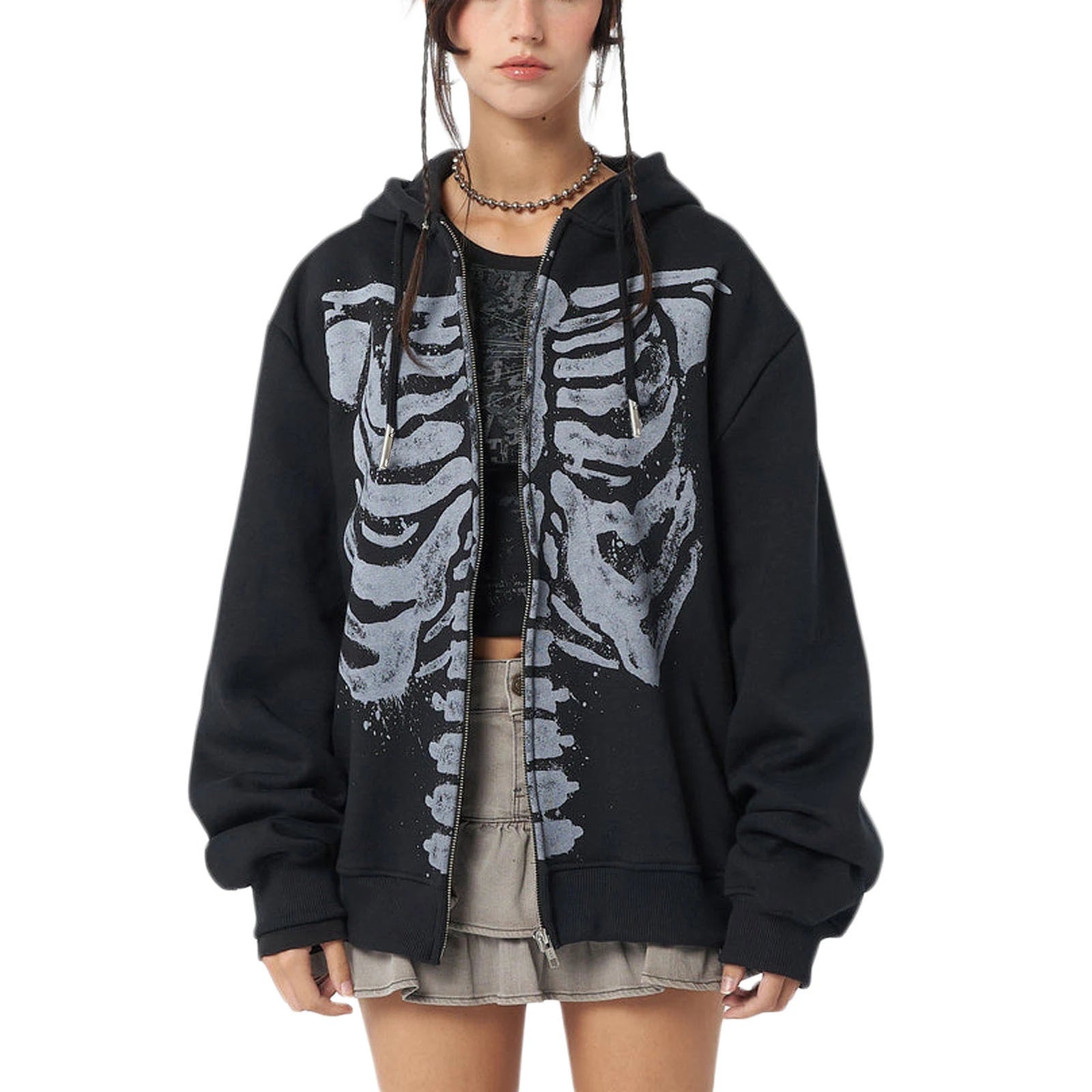 Casual Hooded Long Sleeve Skull Print Zipper Hoodie