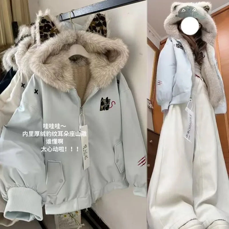 American New High Street Devil Cat Claw Embroidered Coat Y2K Korean Version Warm Mountain Carving Cotton-padded Jacket Couple