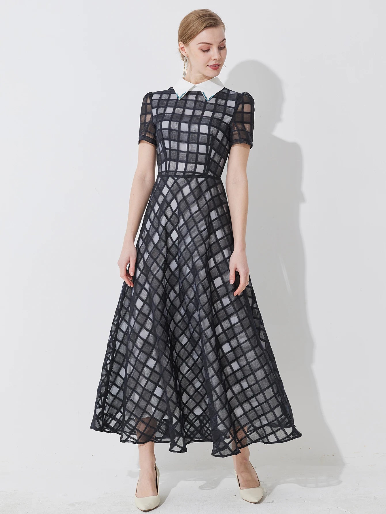Plaid Dress Lapel A-Line Long Dress