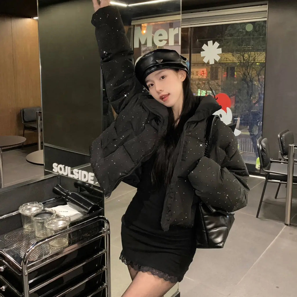 Women Autumn Winter Elegant Puffer Jacket Coats Chic Short Zipper Parkas Coat Korean Fashion Stand Collar Jacket Solid Outerwear