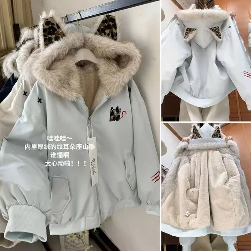 American New High Street Devil Cat Claw Embroidered Coat Y2K Korean Version Warm Mountain Carving Cotton-padded Jacket Couple