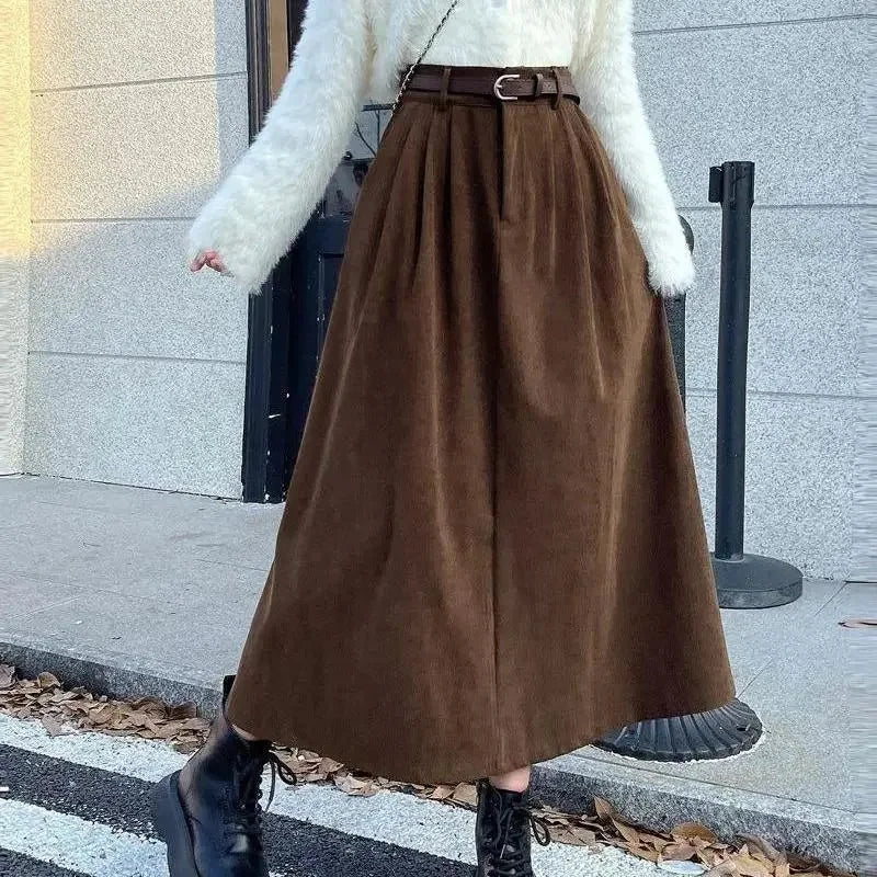 Vintage Belt Corduroy Midi Skirt