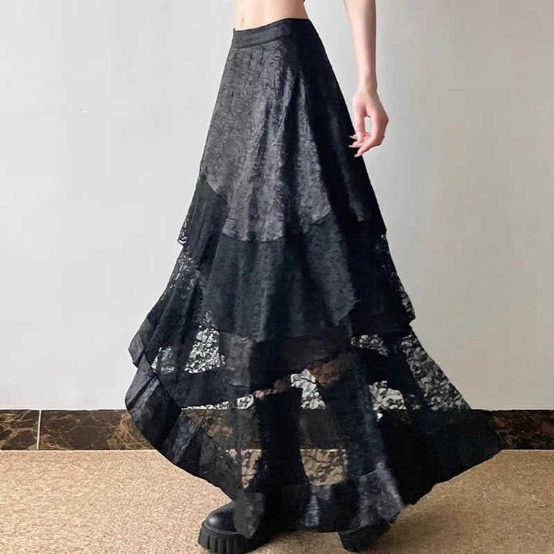 Victorian Edge Asymmetric Tiered High Waist Lace Sheer Skirt