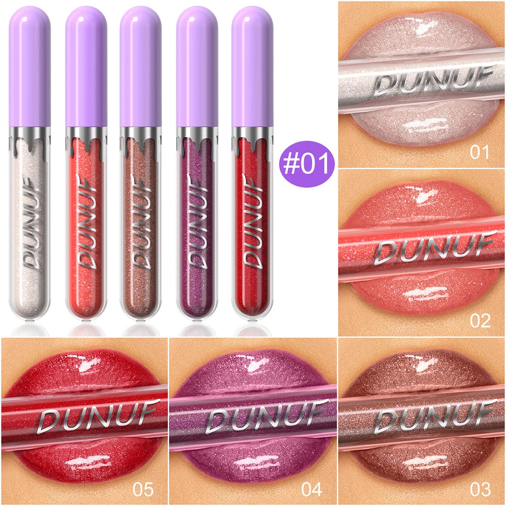 DUNUF 5 Sets Pearl Lip Gloss Moisturizing Lip Gloss Easy Color Lipstick